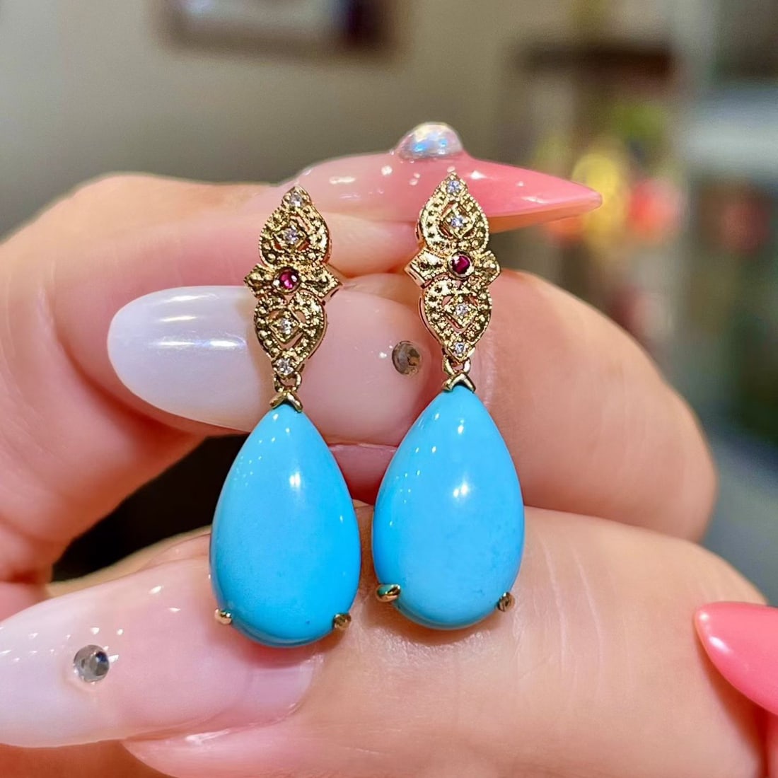 14k Gold 5.68 Ct Natural Blue Turquoise & Diamond & Ruby Earrings: Ref:231158153 // gold content:14k gold // main gemstone:blue turquoise // shape:pear // carat weight:5. 68ct // color:blue // treatment:natural // // adjacent gemstone 2 : diamond // shape:round //