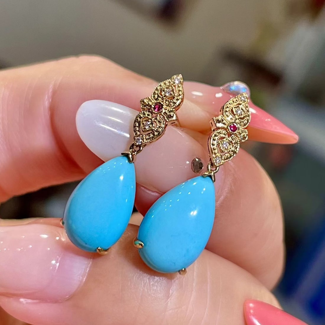 14k Gold 5.68 Ct Natural Blue Turquoise & Diamond & Ruby Earrings - 3