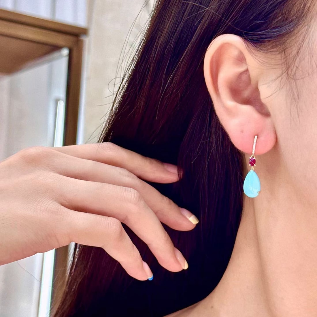 14k Gold 5.41 Ctw Natural Blue Turquoise & Ruby Earrings - 2