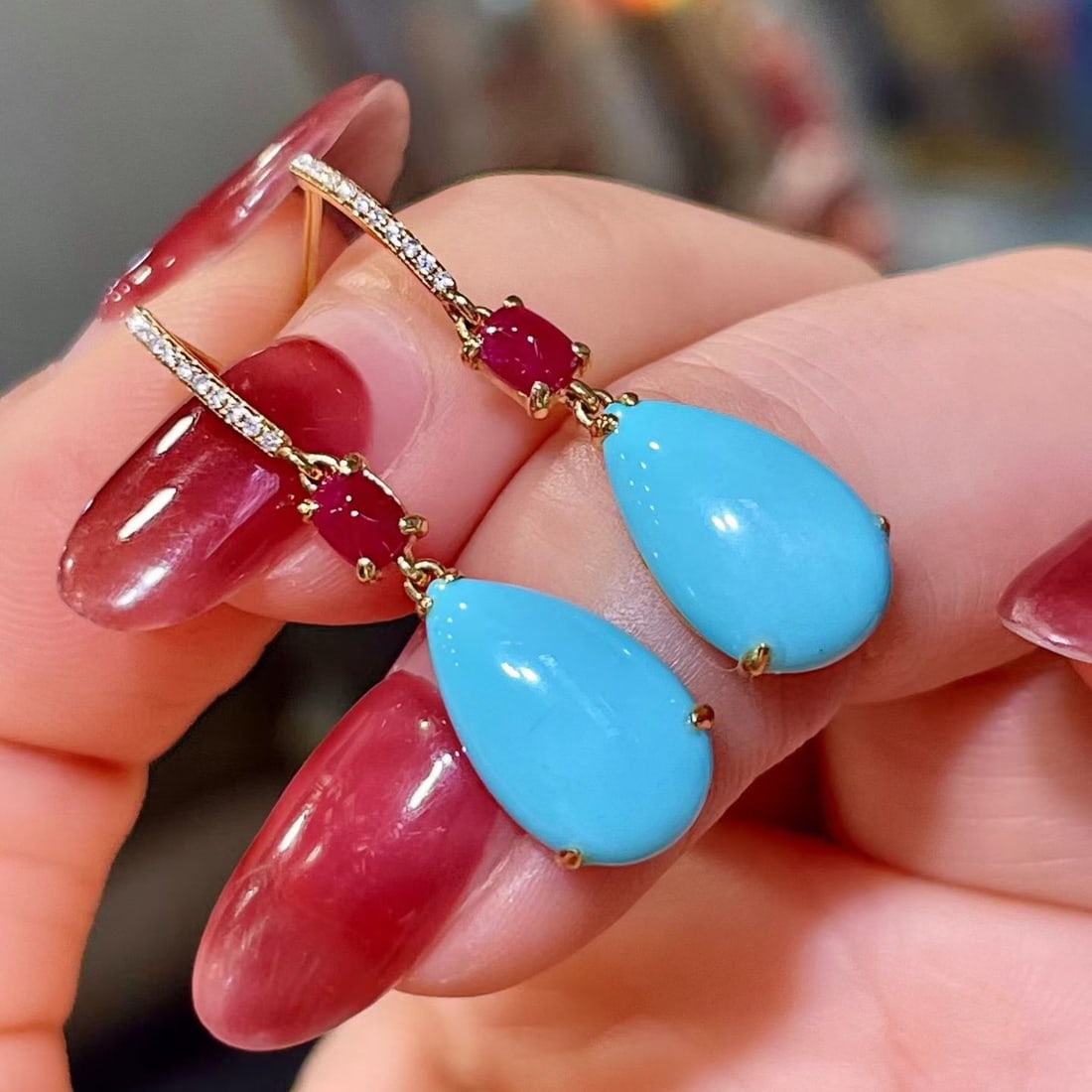 14k Gold 5.41 Ctw Natural Blue Turquoise & Ruby Earrings - 3