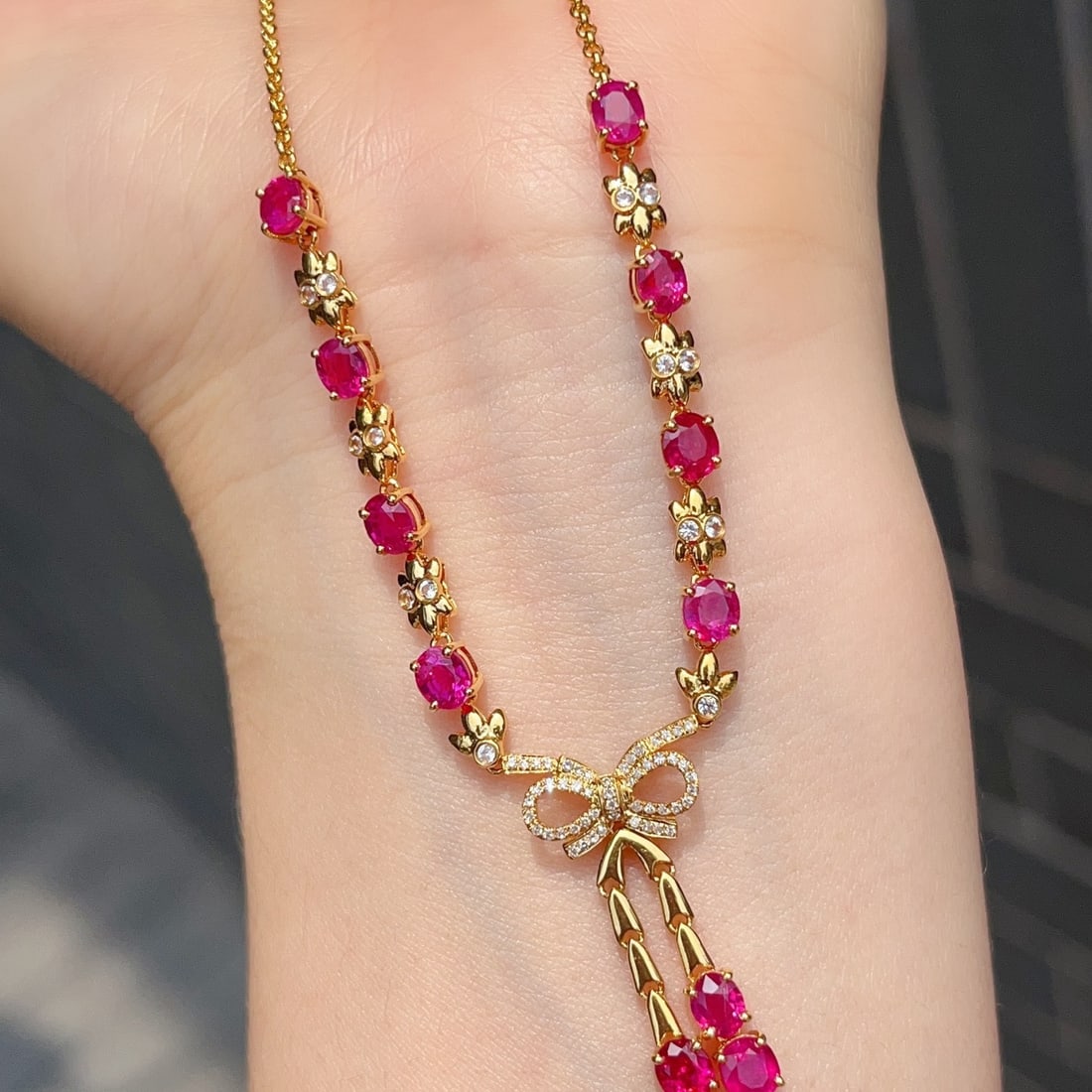 14k Gold 6.00 Ct Natural Ruby & Diamond & Sapphire Necklace - 2