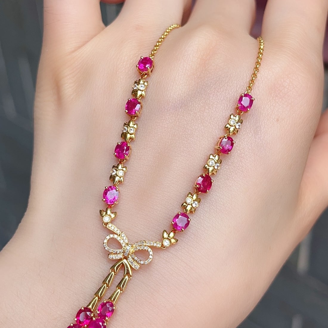 14k Gold 6.00 Ct Natural Ruby & Diamond & Sapphire Necklace - 3