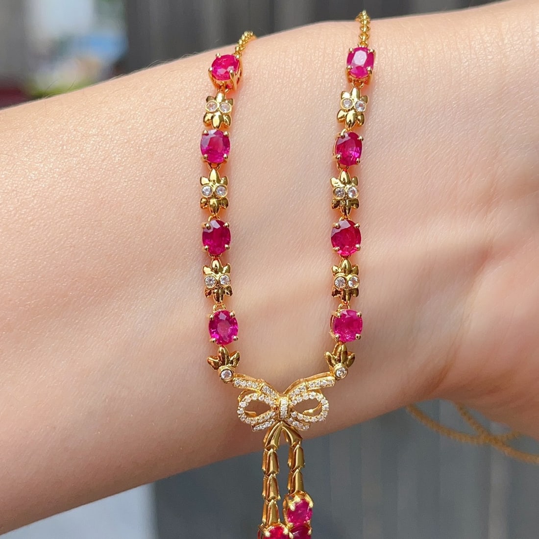 14k Gold 6.00 Ct Natural Ruby & Diamond & Sapphire Necklace - 4