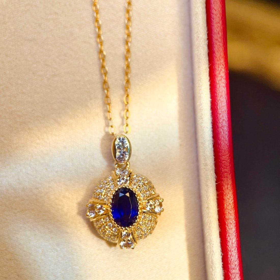 14k Gold 0.62 Ct Natural Sapphire & Diamond & Sapphire Pendant( Without Chain ) - 2