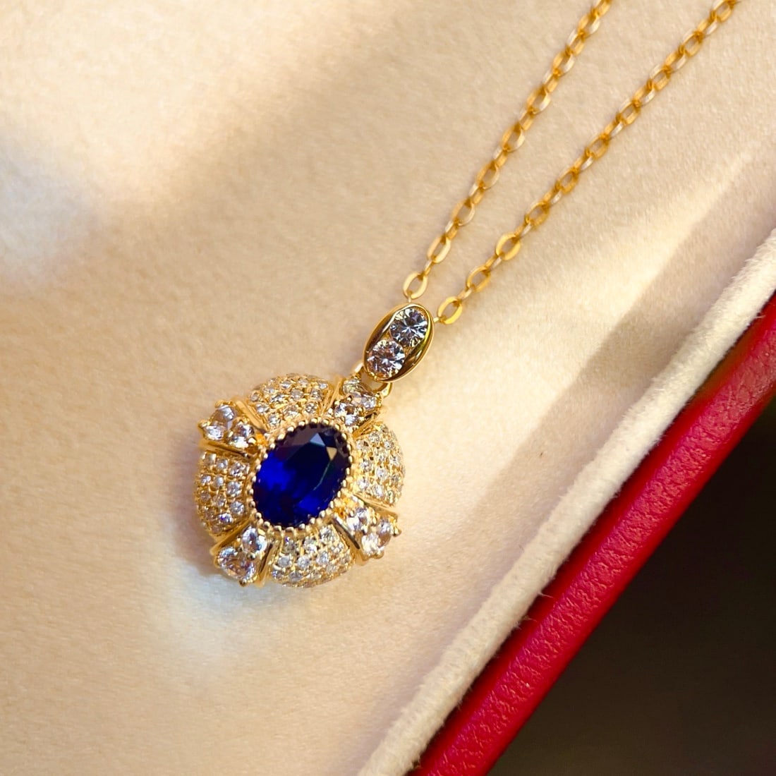14k Gold 0.62 Ct Natural Sapphire & Diamond & Sapphire Pendant( Without Chain ) - 3
