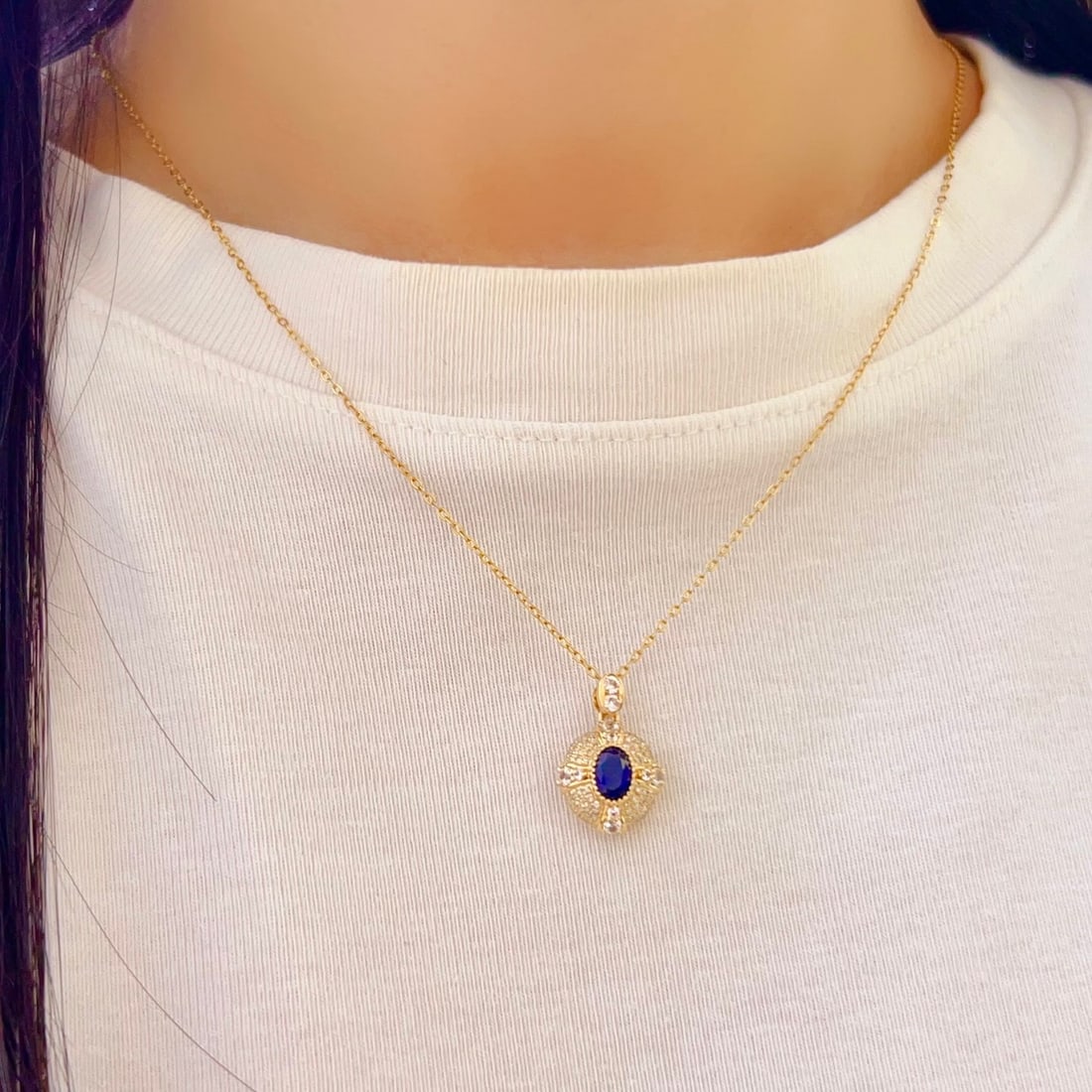 14k Gold 0.62 Ct Natural Sapphire & Diamond & Sapphire Pendant( Without Chain ) - 6
