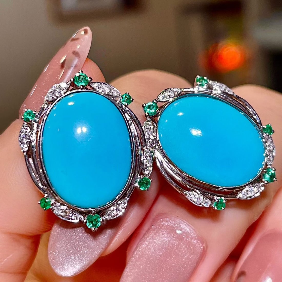 14k Gold 9.37 Ctw Natural Blue Turquoise & Emerald Earrings - 2