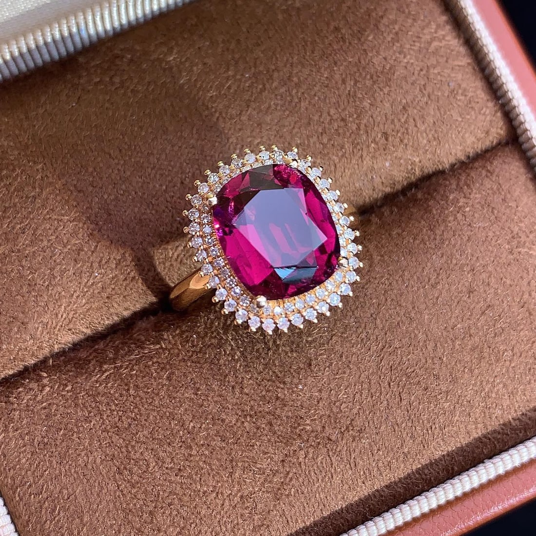 14k Gold 4.14 Ctw Natural Tourmaline & Diamond Ring: Ref:231158185 // gold content:14k gold // ring size:7. 25us // // main gemstone:tourmaline // shape:cushion // carat weight:3. 85ct // color:red // treatment:natural // // adjacent gemstone 2 : diamon