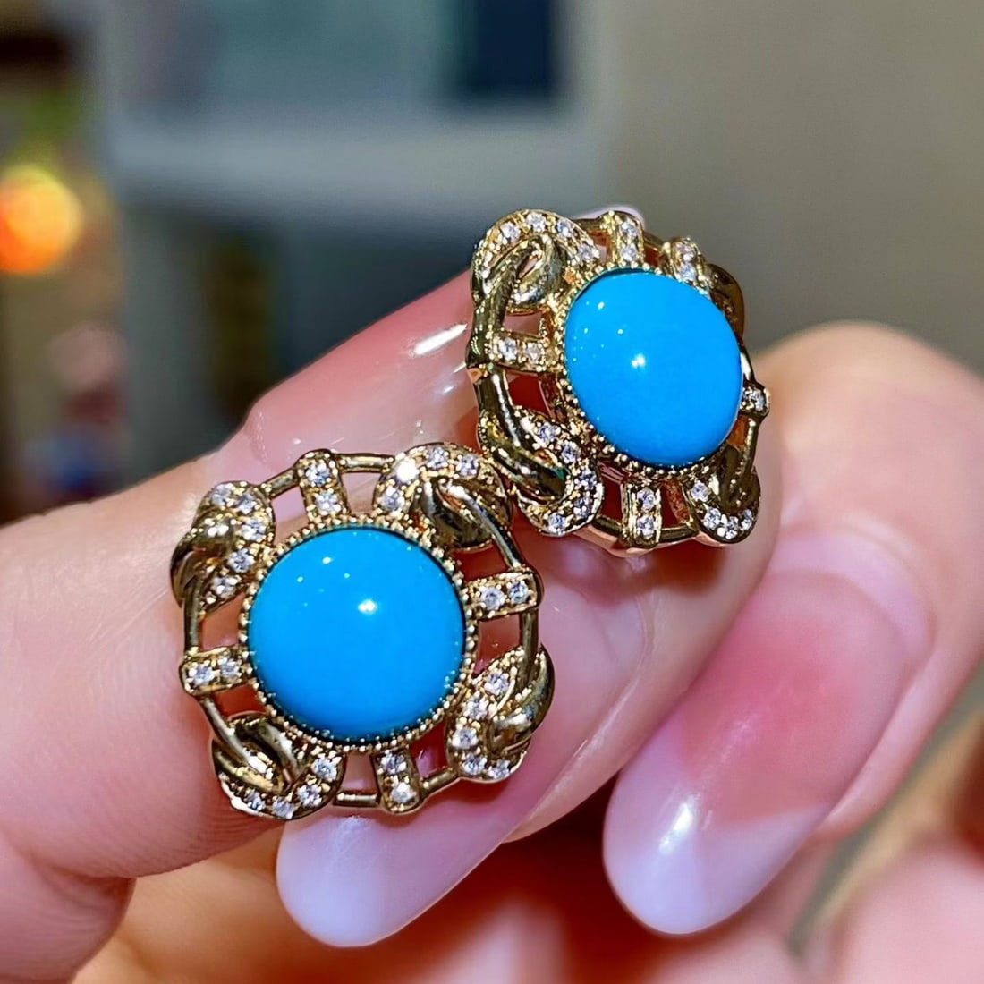 14k Gold 4.09 Ctw Natural Blue Turquoise & Diamond Earrings - 2