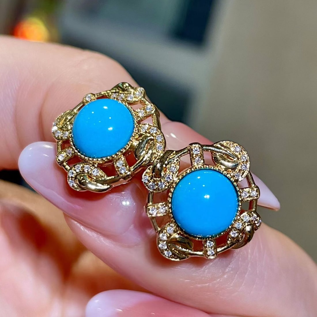 14k Gold 4.09 Ctw Natural Blue Turquoise & Diamond Earrings - 3