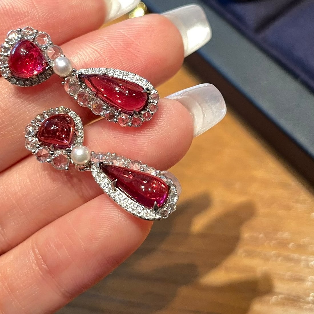 14k Gold 4.6 Ct Natural Tourmaline & Diamond & Sapphire Earrings - 2
