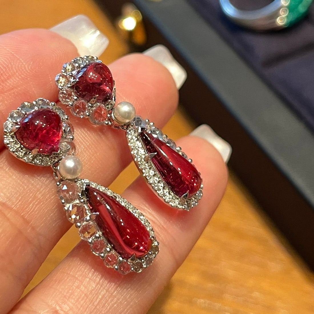 14k Gold 4.6 Ct Natural Tourmaline & Diamond & Sapphire Earrings - 4