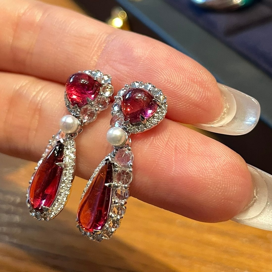 14k Gold 4.6 Ct Natural Tourmaline & Diamond & Sapphire Earrings - 5