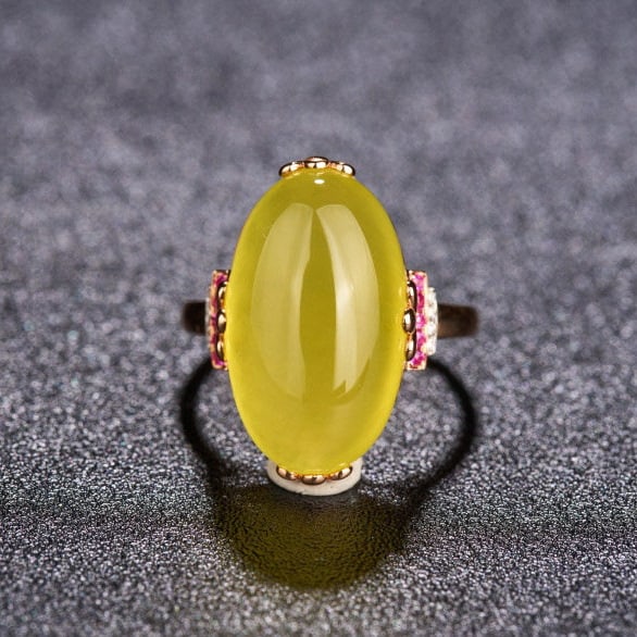 14k Gold 15.1 Ct Natural Prehnite & Diamond & Ruby Ring: Ref:231158265 // gold content:14k gold // ring size:7. 25us // // main gemstone:prehnite // shape:oval // carat weight:15. 1ct // color:yellow // treatment:natural // // adjacent gemstone 2 : diamond