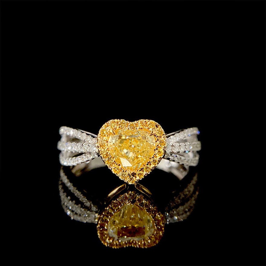 14k Gold 1.12 Ctw Natural Yellow Diamond & Diamond Ring: Ref:231158271 // gold content:14k gold // ring size:7. 25us // // main gemstone:yellow diamond // shape:heart // carat weight:0. 70ct // color:yellow // treatment:natural // // adjacent gemstone 2 : d