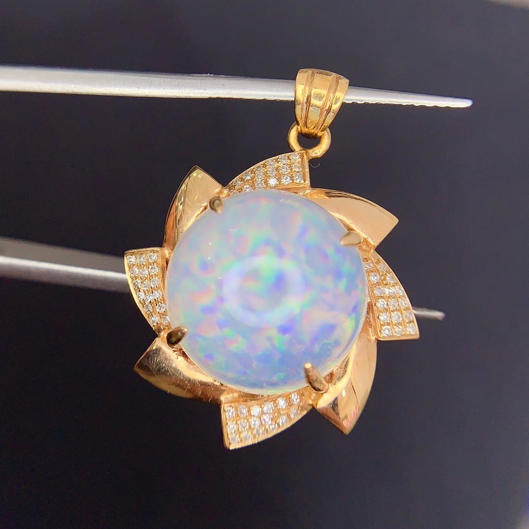 14k Gold 9.8 Ct Natural Opal & Diamond Pendant( Without Chain ) - 3