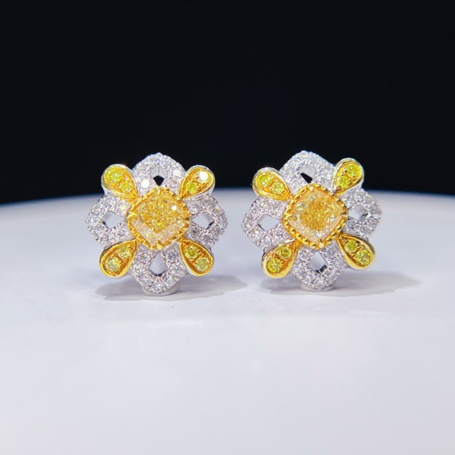 14k Gold 0.68 Ctw Natural Yellow Diamond & Diamond Earrings: Ref:231158320 // gold content:14k gold // main gemstone:yellow diamond // shape:cushion // carat weight:0. 46ct // color:yellow // treatment:natural // // adjacent gemstone 2 : diamond // shape:round