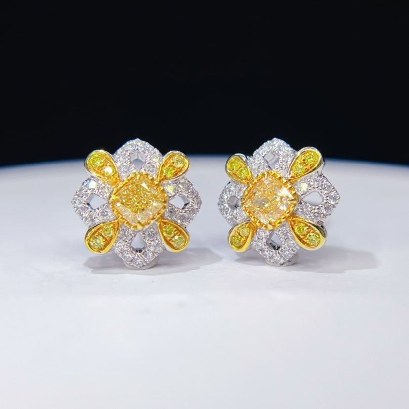 14k Gold 0.68 Ctw Natural Yellow Diamond & Diamond Earrings - 2