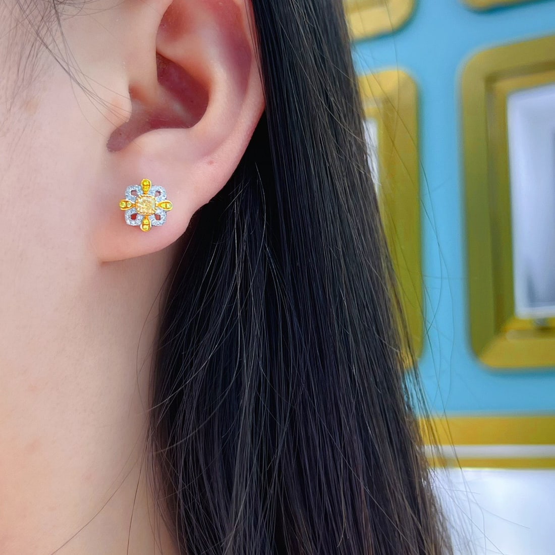 14k Gold 0.68 Ctw Natural Yellow Diamond & Diamond Earrings - 4