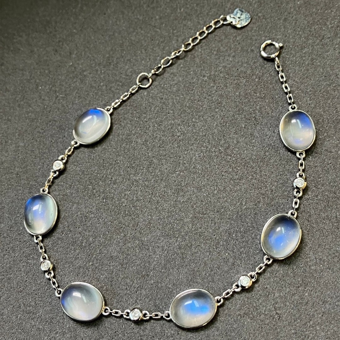 14k Gold 12 Ct Natural Moonstone & Diamond Bracelet - 2