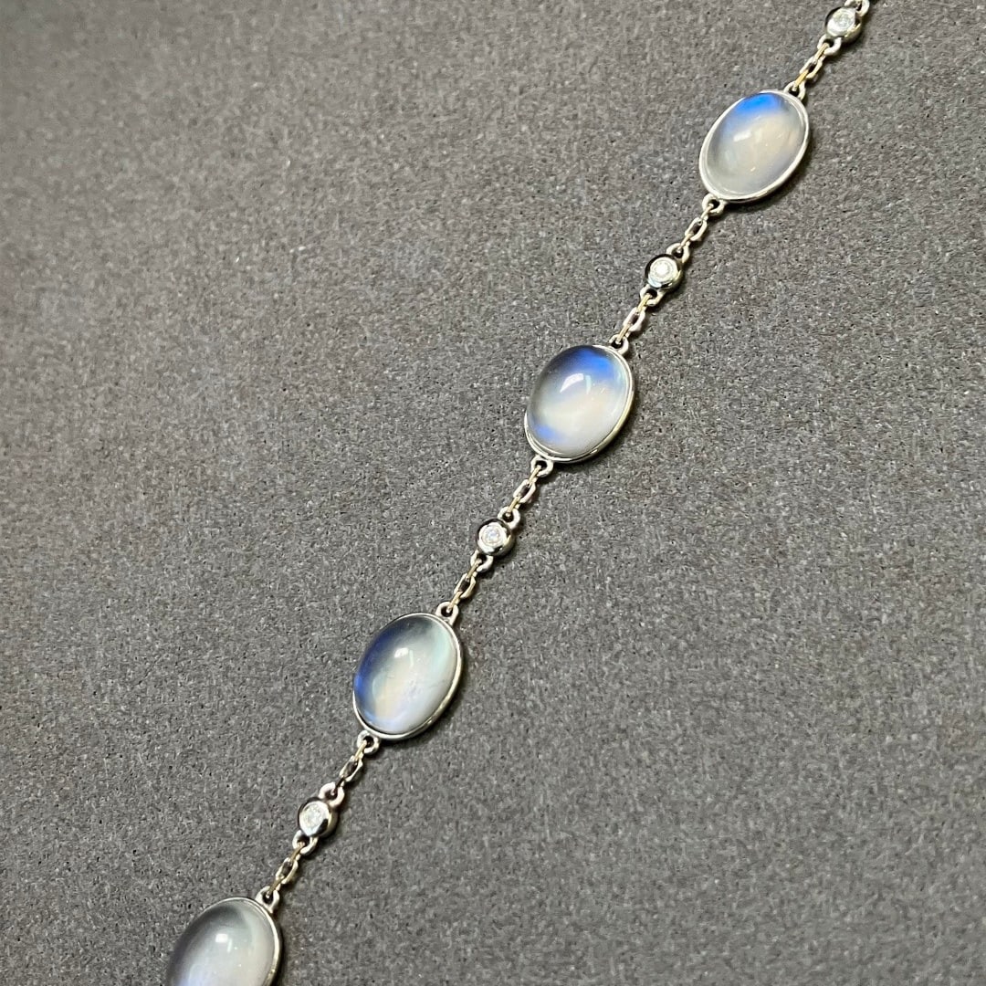 14k Gold 12 Ct Natural Moonstone & Diamond Bracelet - 3