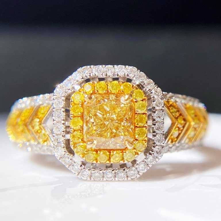 14k Gold 1.17 Ctw Natural Yellow Diamond & Diamond Ring: Ref:231158347 // gold content:14k gold // ring size:7. 25us // // main gemstone:yellow diamond // shape:radiant // carat weight:0. 61ct // color:yellow // treatment:natural // // adjacent gemstone 2