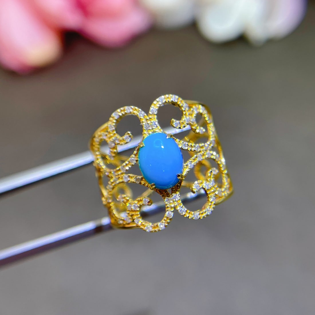 14k Gold 1.19 Ctw Natural Blue Turquoise & Diamond Ring - 2