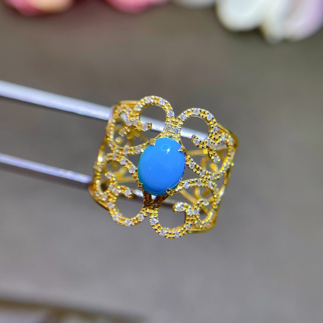 14k Gold 1.19 Ctw Natural Blue Turquoise & Diamond Ring - 3