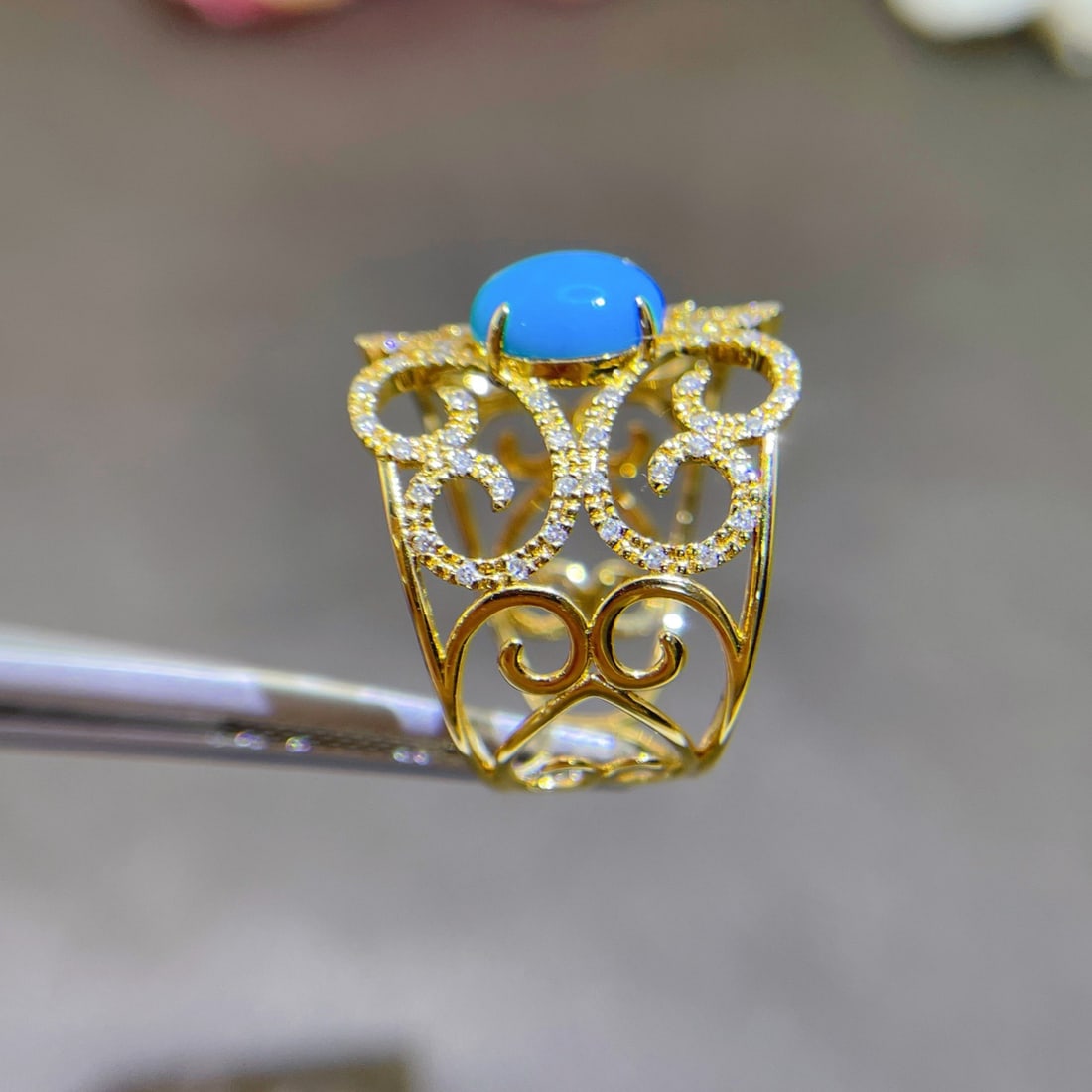 14k Gold 1.19 Ctw Natural Blue Turquoise & Diamond Ring - 4
