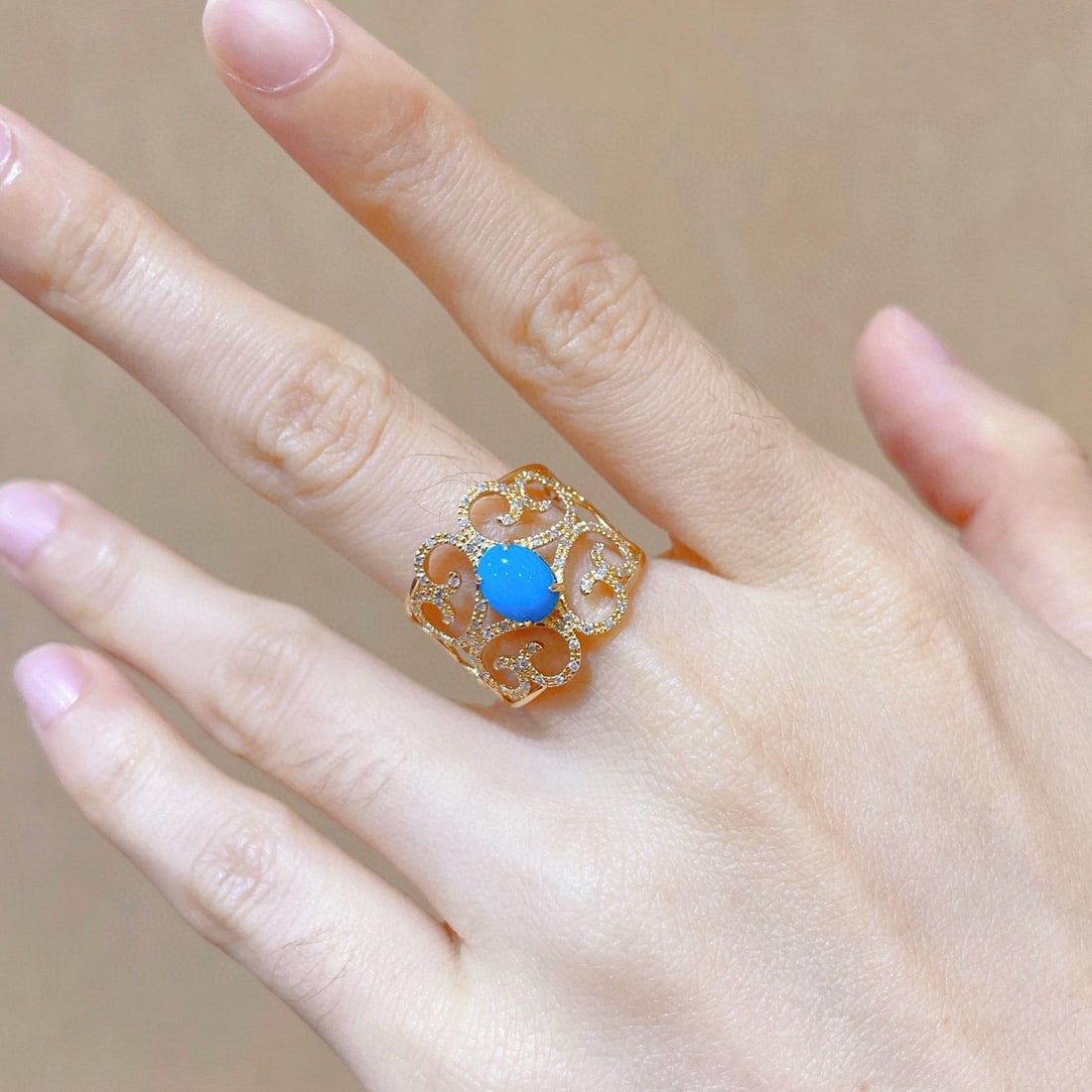 14k Gold 1.19 Ctw Natural Blue Turquoise & Diamond Ring - 6