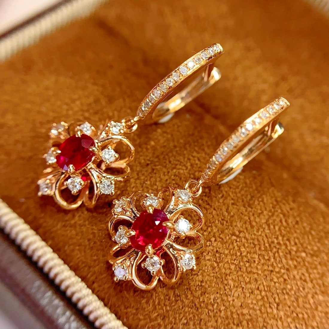 14k Gold 0.8 Ct Natural Ruby & Diamond Earrings - 2