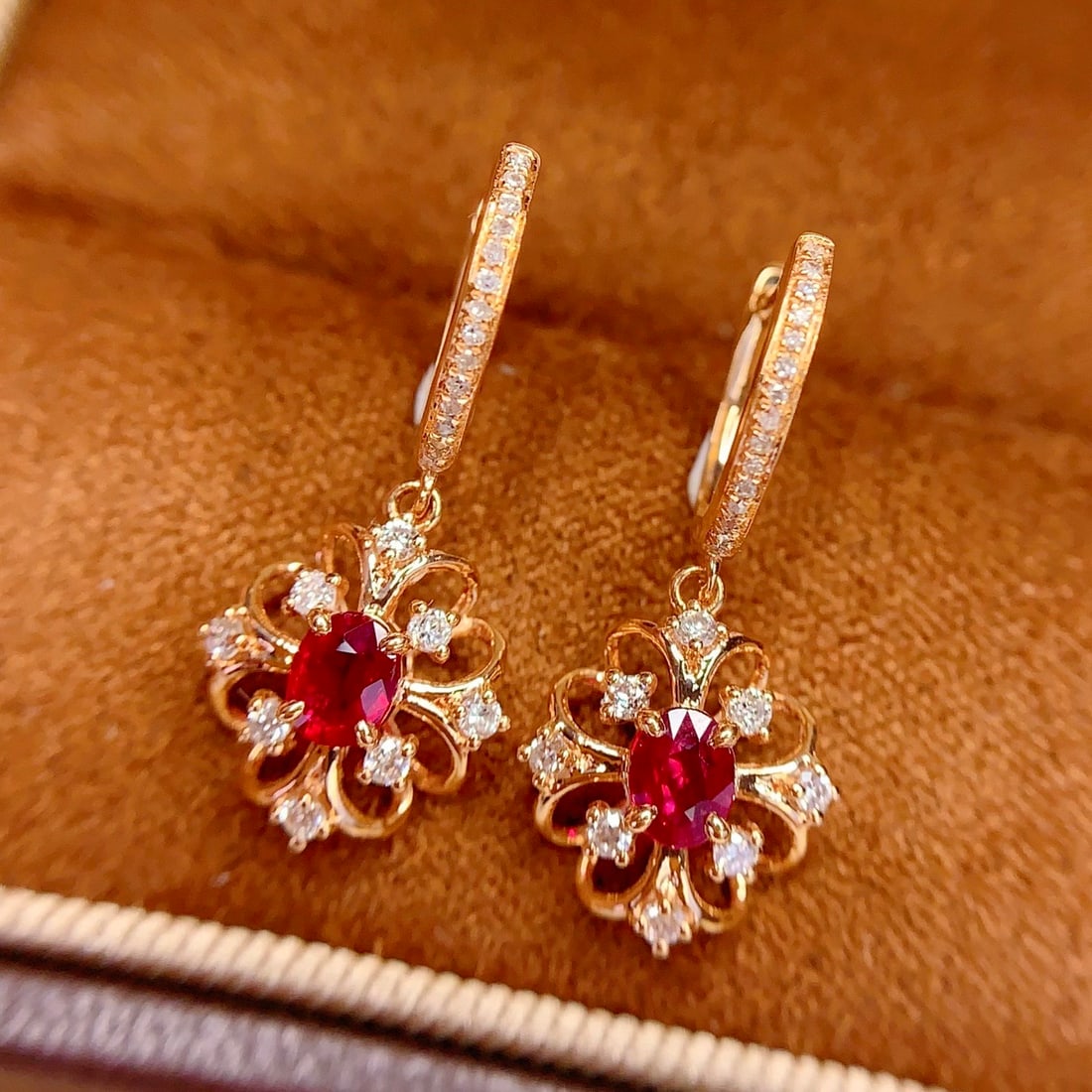 14k Gold 0.8 Ct Natural Ruby & Diamond Earrings - 5