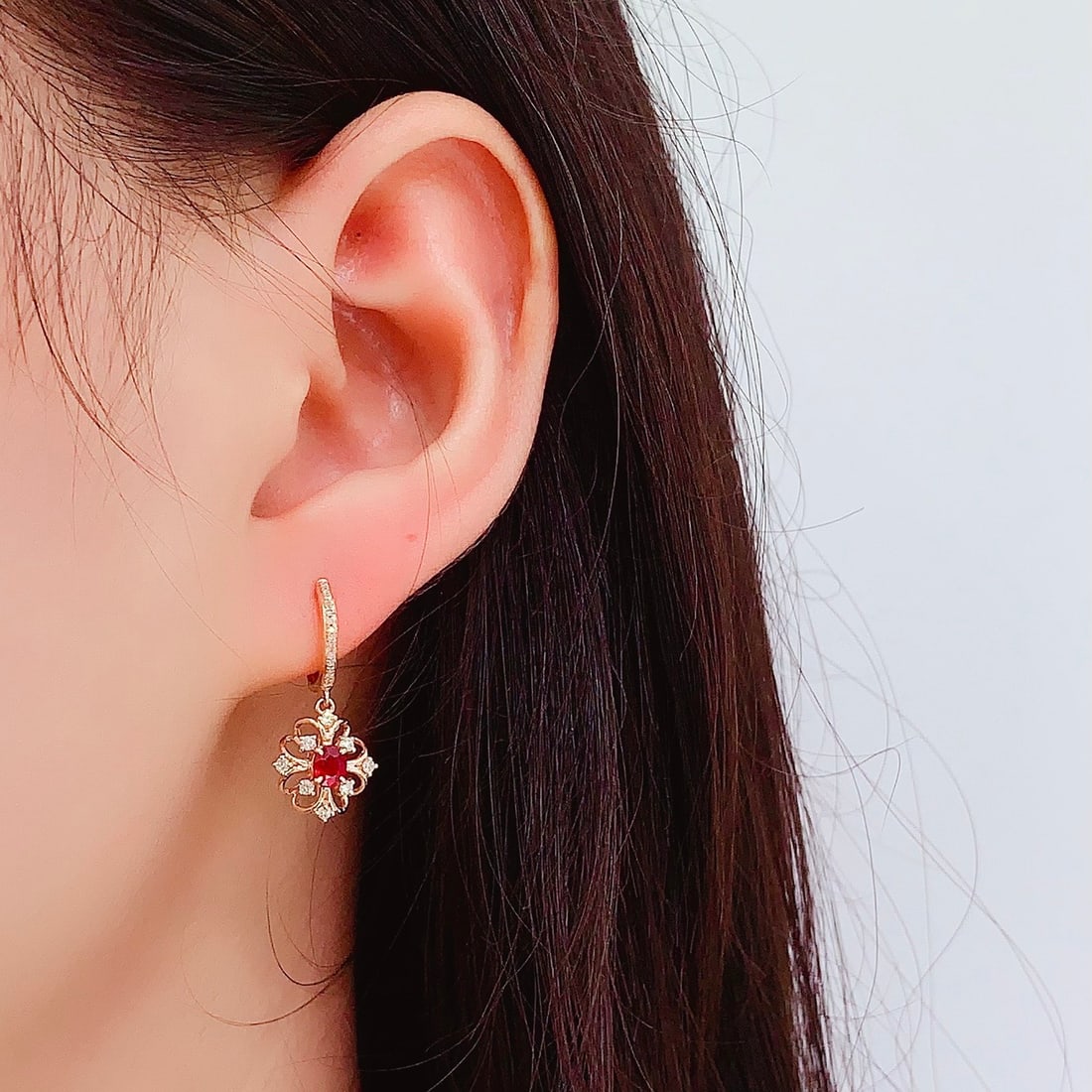 14k Gold 0.8 Ct Natural Ruby & Diamond Earrings - 6