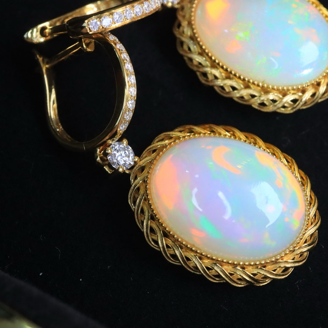 14k Gold 8.56 Ctw Natural Opal & Diamond Earrings - 4