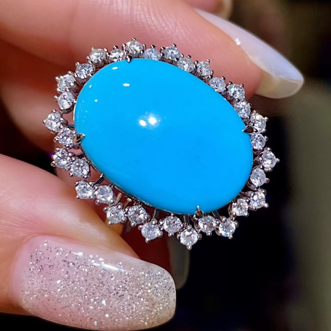 14k Gold 7.64 Ctw Natural Blue Turquoise & Diamond Ring - 2