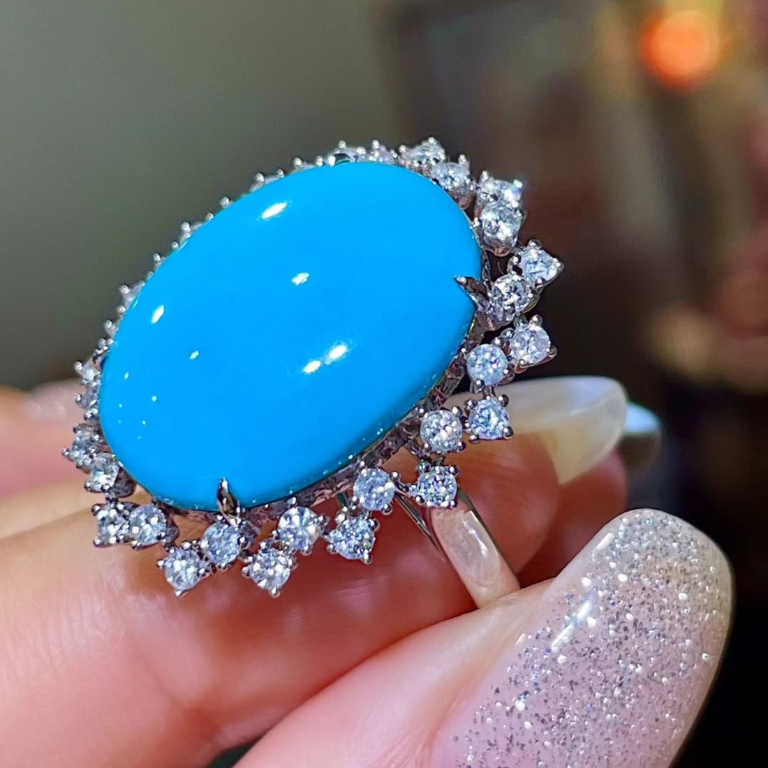 14k Gold 7.64 Ctw Natural Blue Turquoise & Diamond Ring - 3