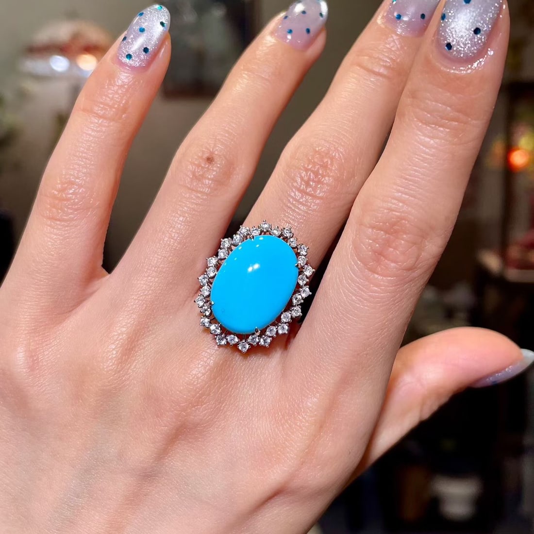 14k Gold 7.64 Ctw Natural Blue Turquoise & Diamond Ring - 4