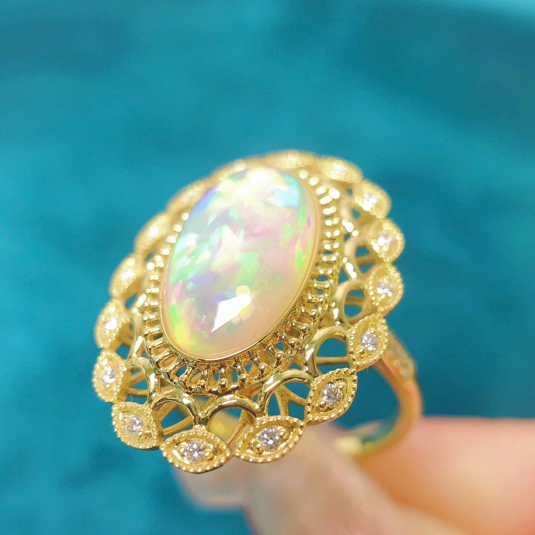14k Gold 3.04 Ctw Natural Opal & Diamond Ring - 4