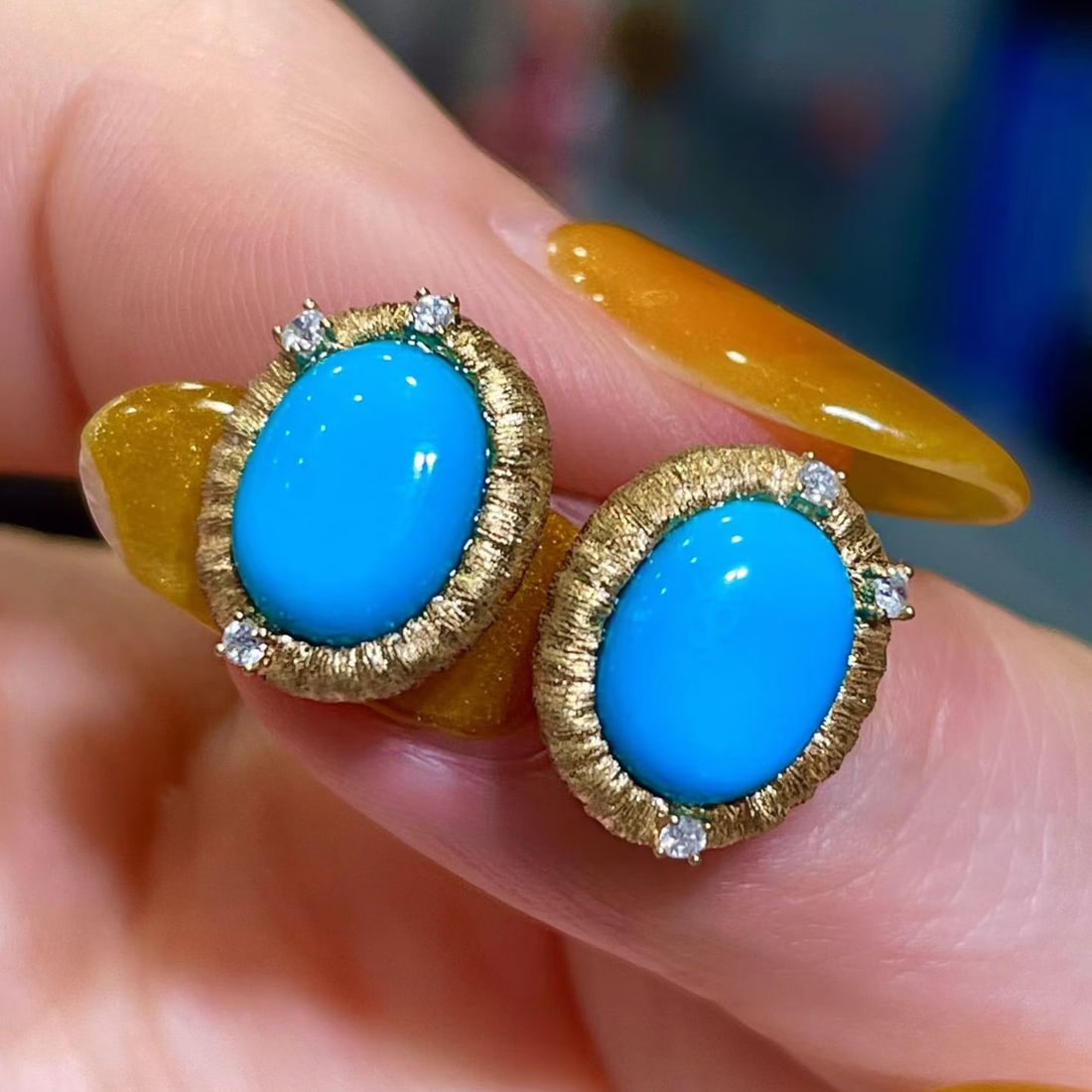 14k Gold 3.63 Ctw Natural Blue Turquoise & Diamond Earrings - 3