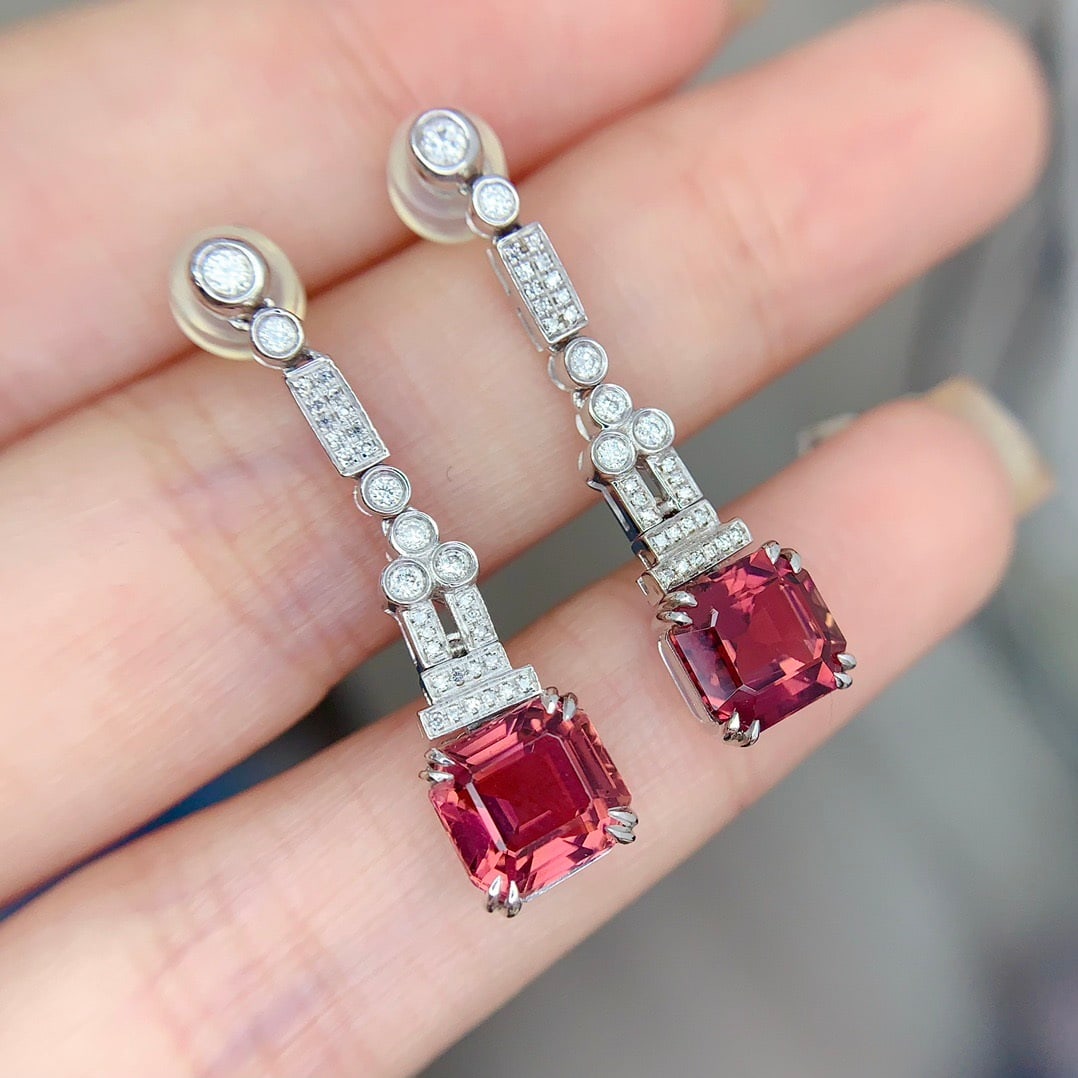 14k Gold 4.9 Ct Natural Tourmaline & Diamond Earrings - 2