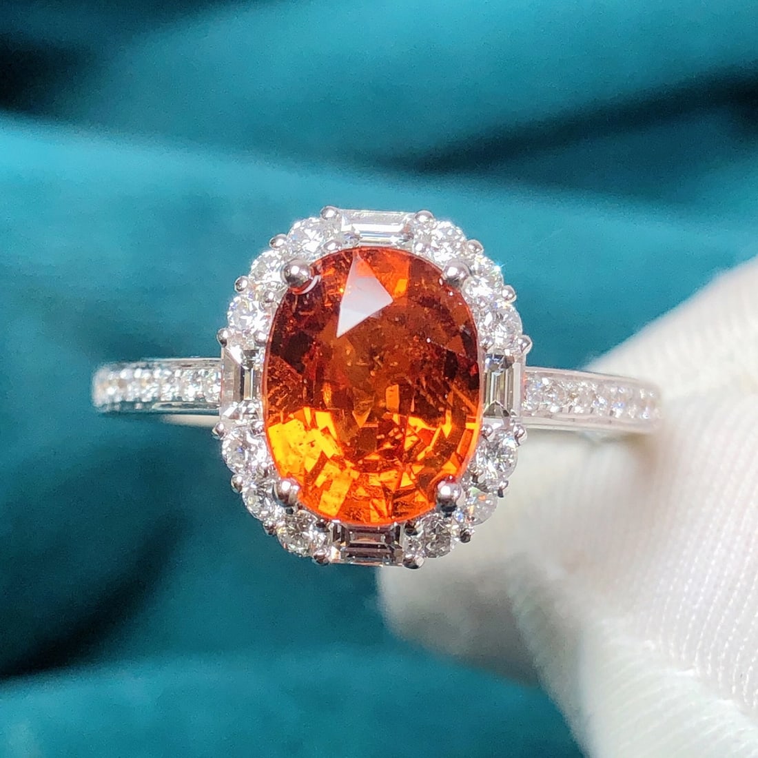 14k Gold 2.53 Ctw Natural Spessartine & Diamond Ring: Ref:231158418 // gold content:14k gold // ring size:7. 25us // // main gemstone:spessartine // shape:oval // carat weight:2. 12ct // color:orange // treatment:natural // // adjacent gemstone 2 :