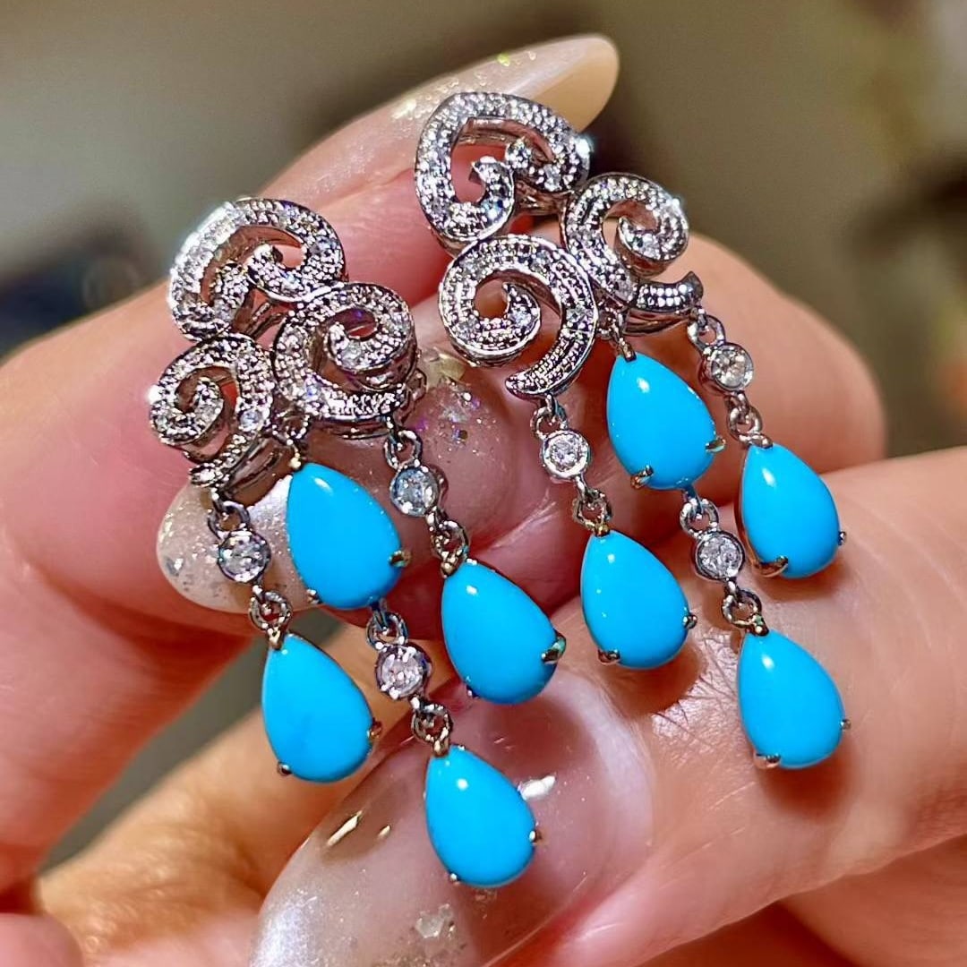 14k Gold 3.31 Ctw Natural Blue Turquoise & Diamond Earrings - 3