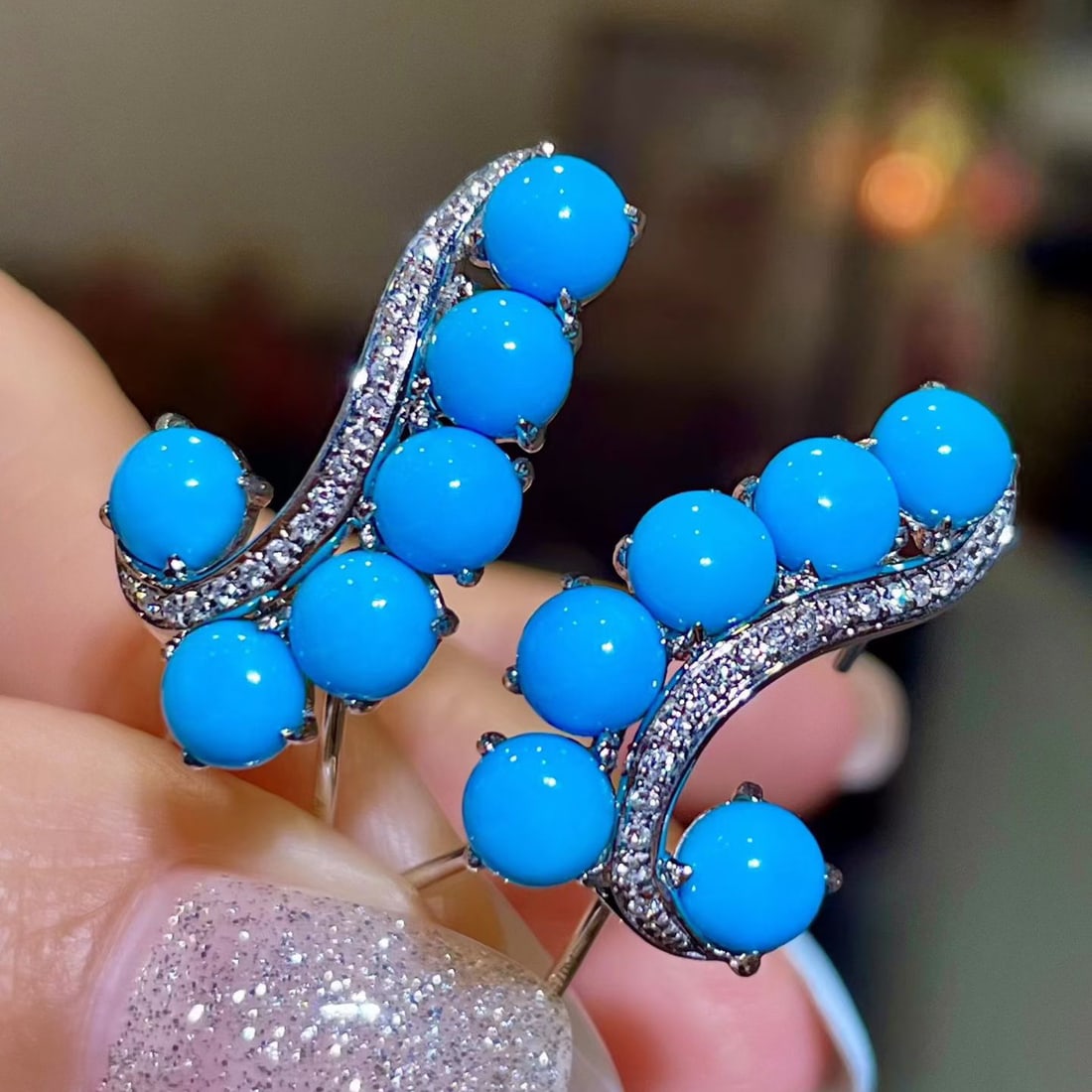 14k Gold 6.34 Ctw Natural Blue Turquoise & Diamond Earrings - 4
