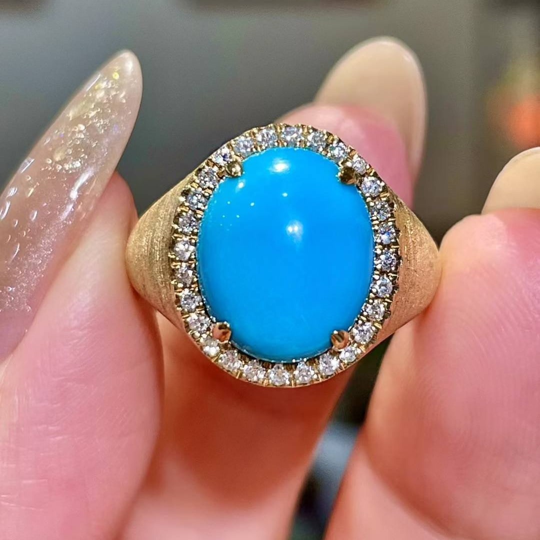14k Gold 4.81 Ctw Natural Blue Turquoise & Diamond Ring: Ref:231158424 // gold content:14k gold // ring size:7. 25us // // main gemstone:blue turquoise // shape:oval // carat weight:4. 59ct // color:blue // treatment:natural // // adjacent gemstone 2 :