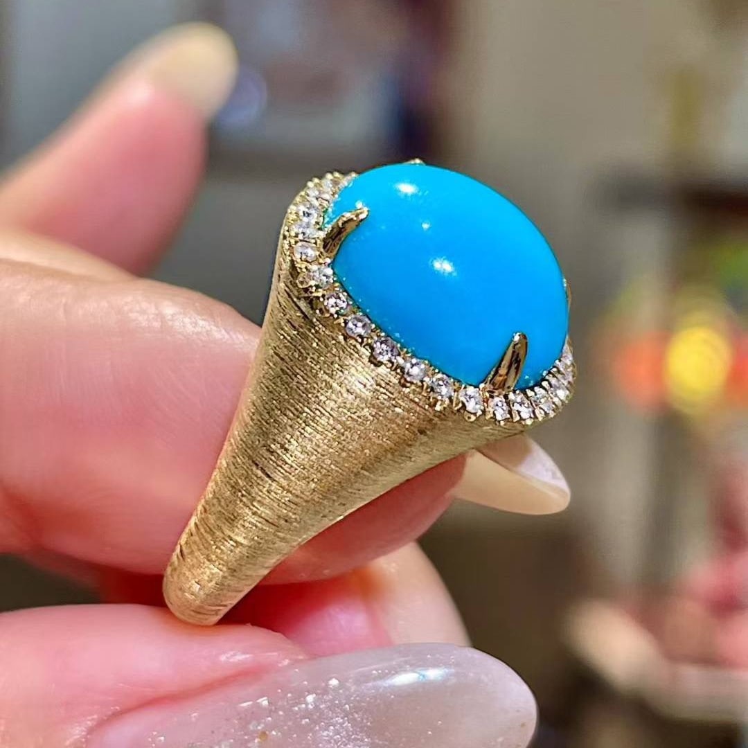 14k Gold 4.81 Ctw Natural Blue Turquoise & Diamond Ring - 2