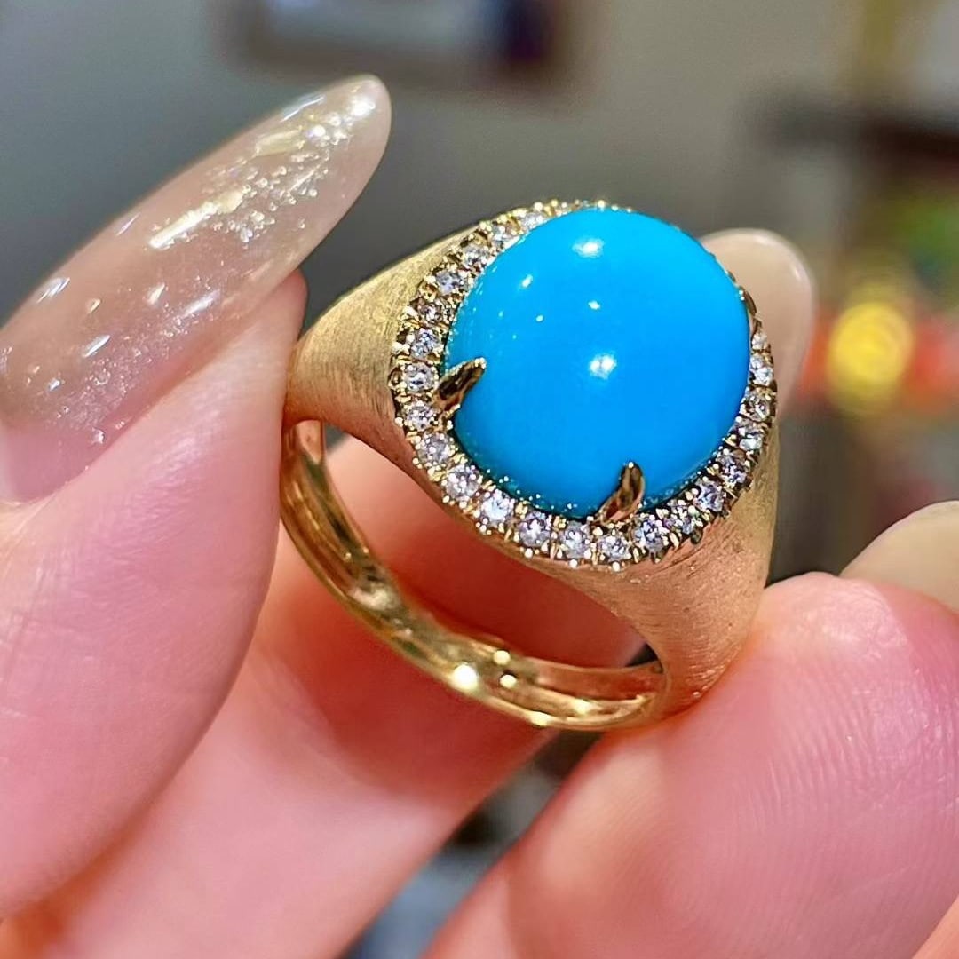 14k Gold 4.81 Ctw Natural Blue Turquoise & Diamond Ring - 3