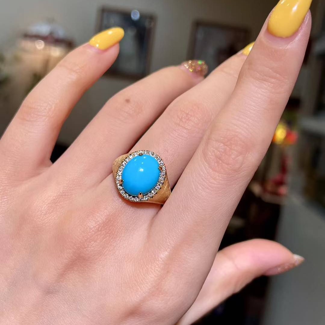 14k Gold 4.81 Ctw Natural Blue Turquoise & Diamond Ring - 4