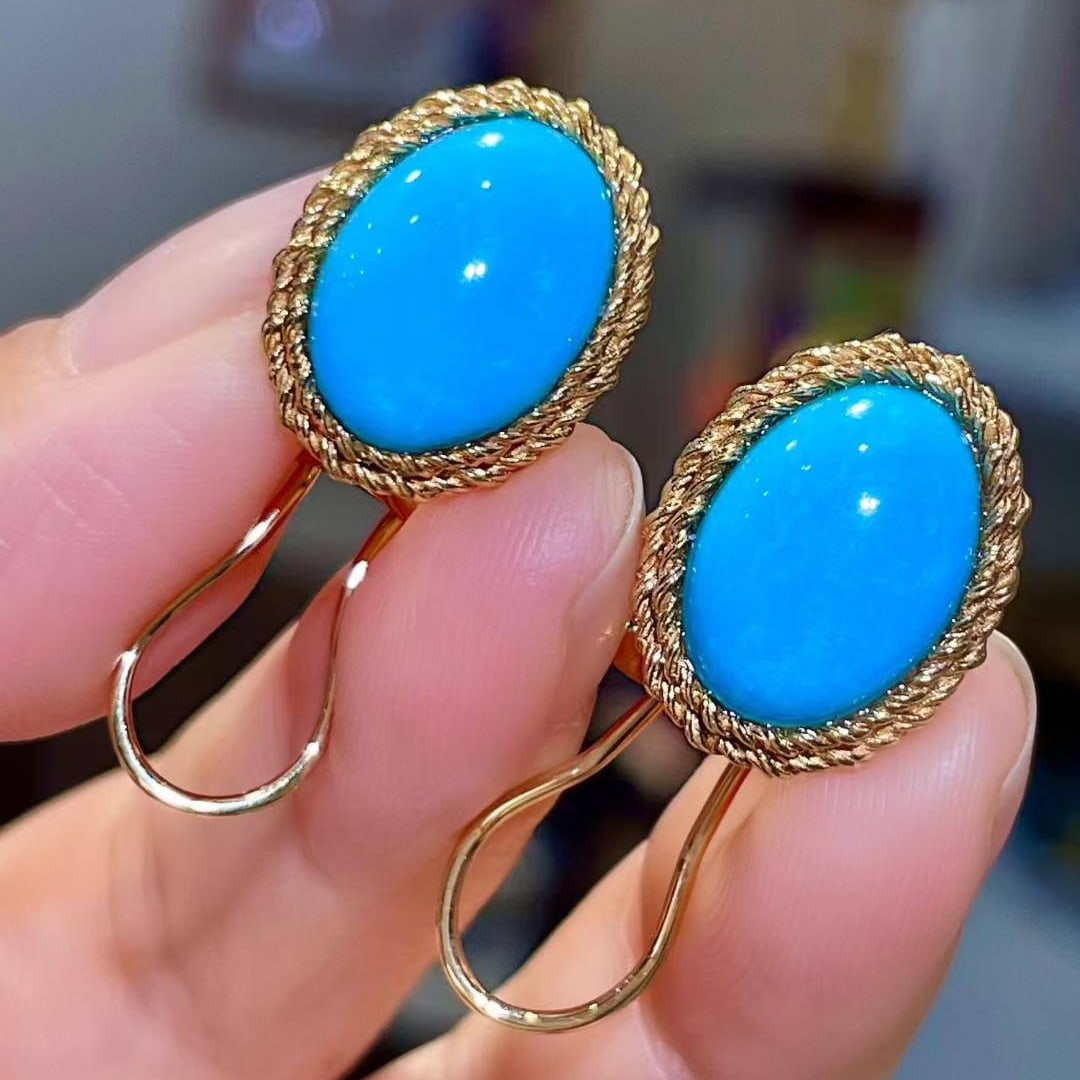 14k Gold 7.83 Ct Natural Blue Turquoise Earrings - 2