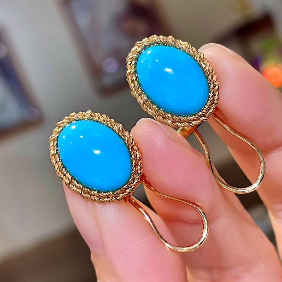14k Gold 7.83 Ct Natural Blue Turquoise Earrings - 3