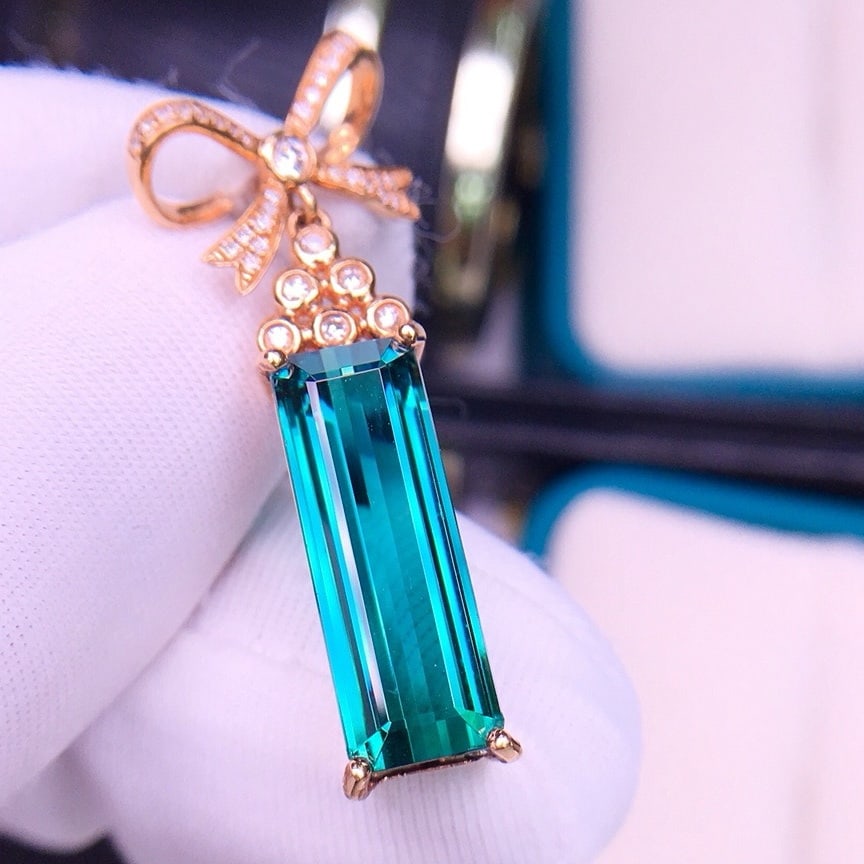 14k Gold 7.5 Ct Natural Tourmaline & Diamond Pendant( Without Chain ) - 2
